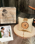 Personalised Message Bamboo Watch & Sketch Photo Wooden Box Set, Custom Engraved Logo Unisex Accessories Storage, Dad, Mom, Anniversary Gift