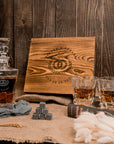 Engraved Whiskey Wooden Box - Square Cut Decanter, 2 Scotch Glasses & 6 Ice Stone Personalised Logo Barware Set, Groomsman Dad Birthday Gift