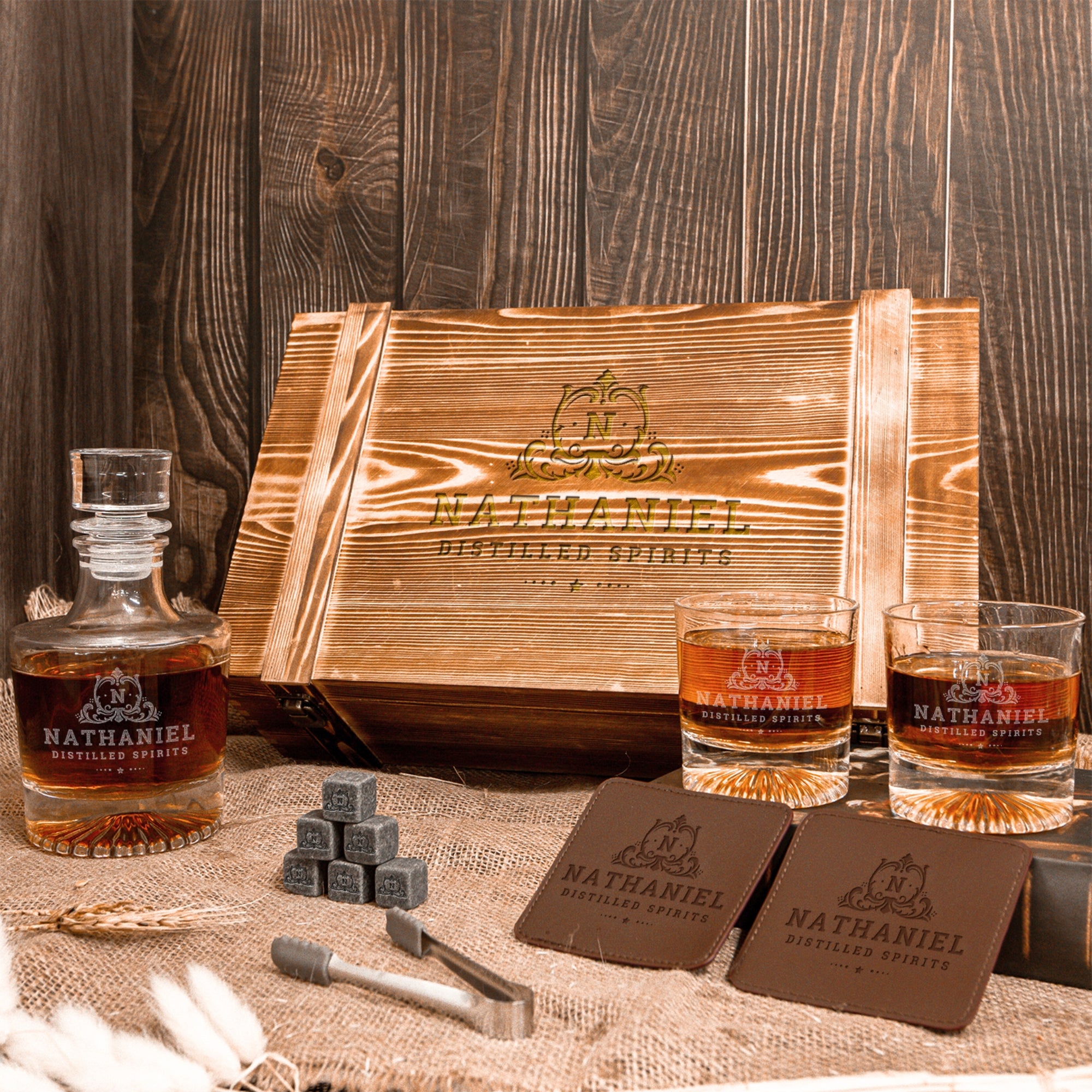 Engraved Whiskey Wooden Box - Round Decanter, 2 Scotch Glasses & 6 Ice Stones Personalised Barware Set Groomsman, Graduate, Anniversary Gift