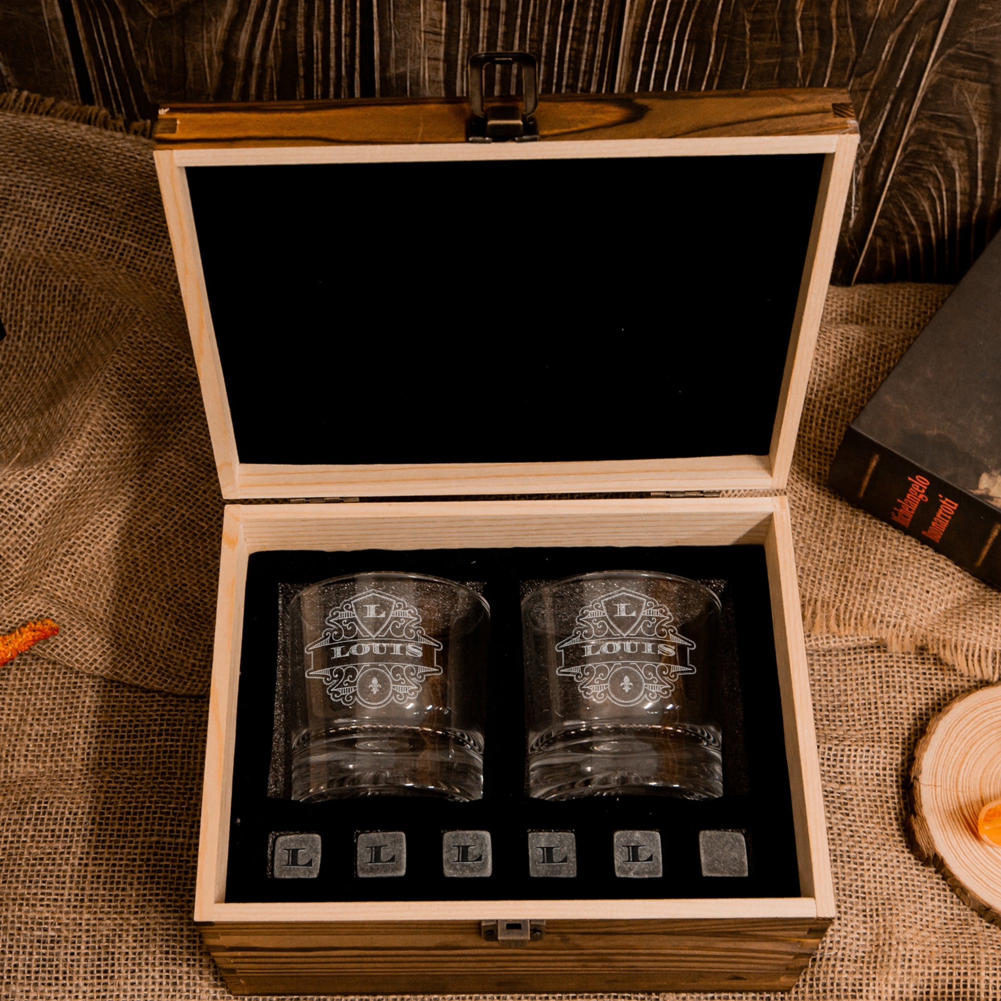 Custom Engraved Whiskey Wooden Box - 2 Round Star Scotch Glasses &amp; 6 Rock Ice Stones, Personalised Barware Set, Birthday, Housewarming Gift