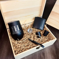 Personalised Black Matte Insulated Tumbler, Corkscrew, Hip Flask Set in Custom Engraved Wooden Box, Father, Groomsman Proposal Wedding Gift