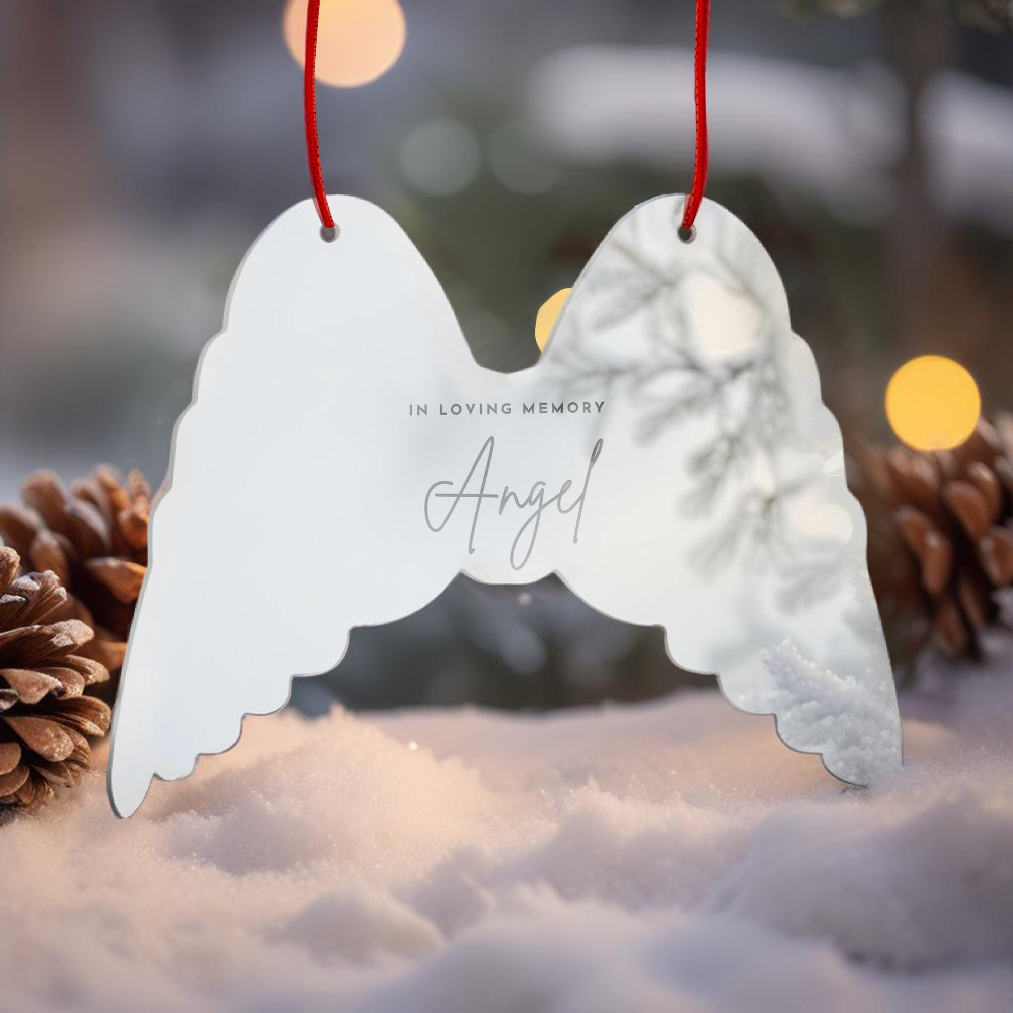 Personalised Remembering Angel Wings Christmas Mirror Acrylic Ornament, Custom Etched Name Forever In Our Heart In Loving Memory Tree Bauble