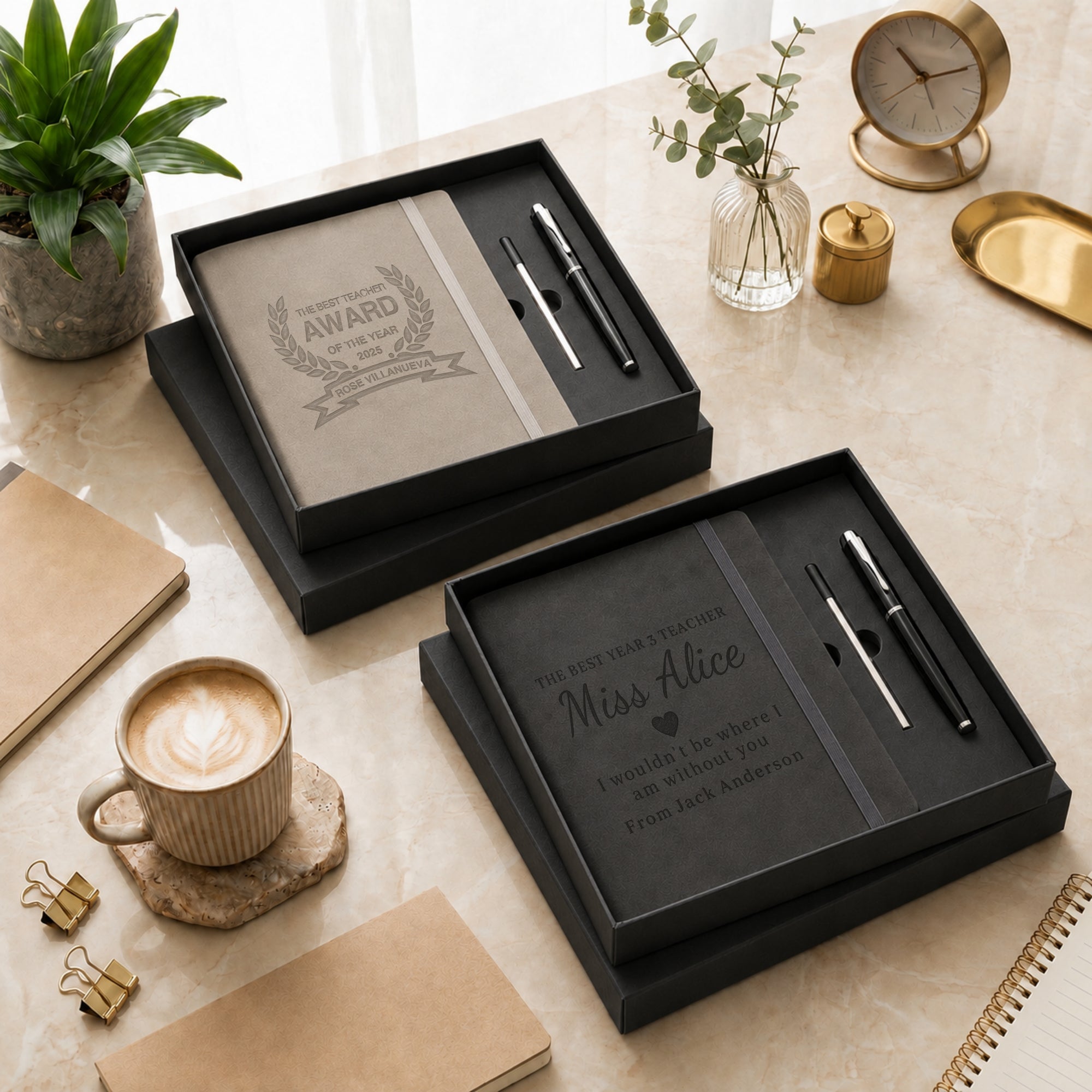 Personalised Engraved Soft Suede A5 Notebook, Pen, Ink Refill &amp; Bookmark Charm Gift Box Set