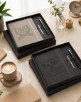 Personalised Engraved Soft Suede A5 Notebook, Pen, Ink Refill & Bookmark Charm Gift Box Set