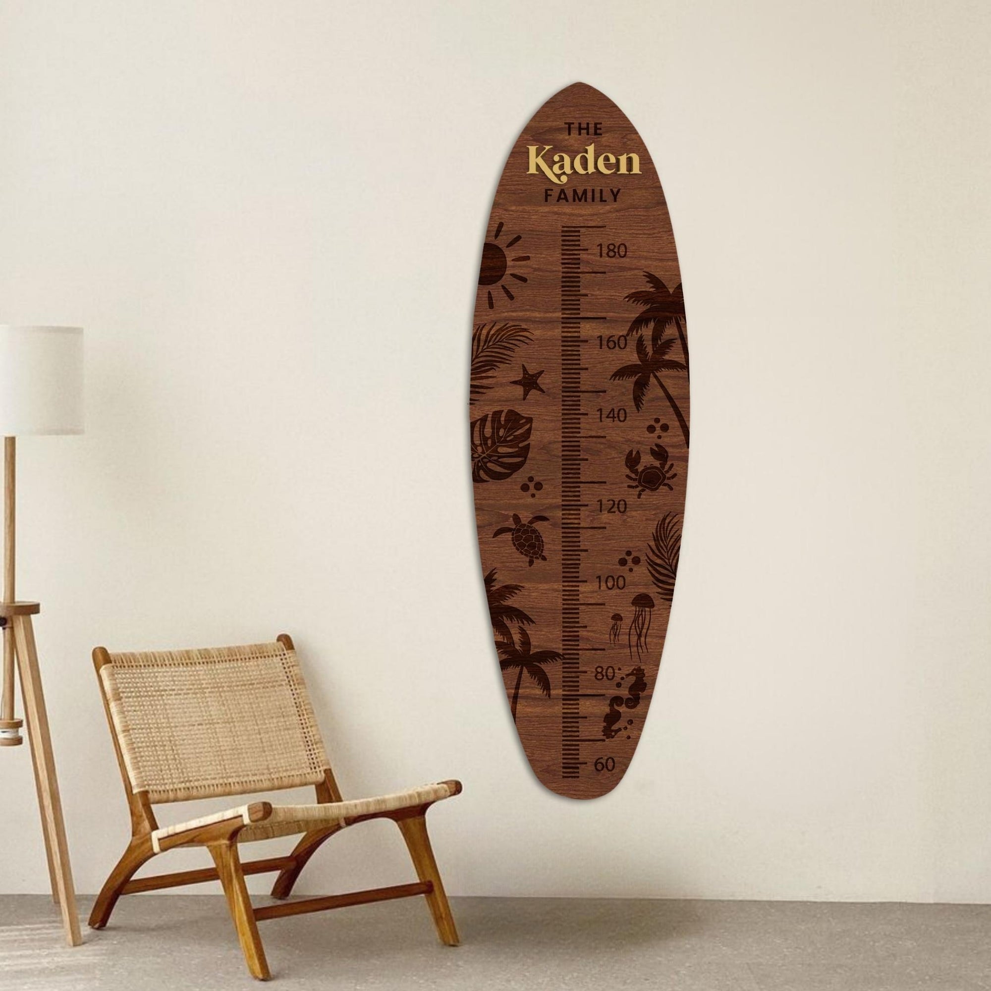 Custom 3D Raised Name Wooden Surfboard Height Chart, Personalised Laser Cut &amp; Engraved Family Growth Metric Ruler Record, Nursery Wall Decor