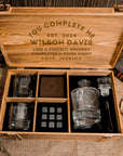 Personalised Army Wood Crate Whiskey Box, Whisky Decanter, 2 Glasses, 6 Ice Stones, 2 Coasters, Tongs, Etched Barware Groomsman Dad Gift Set