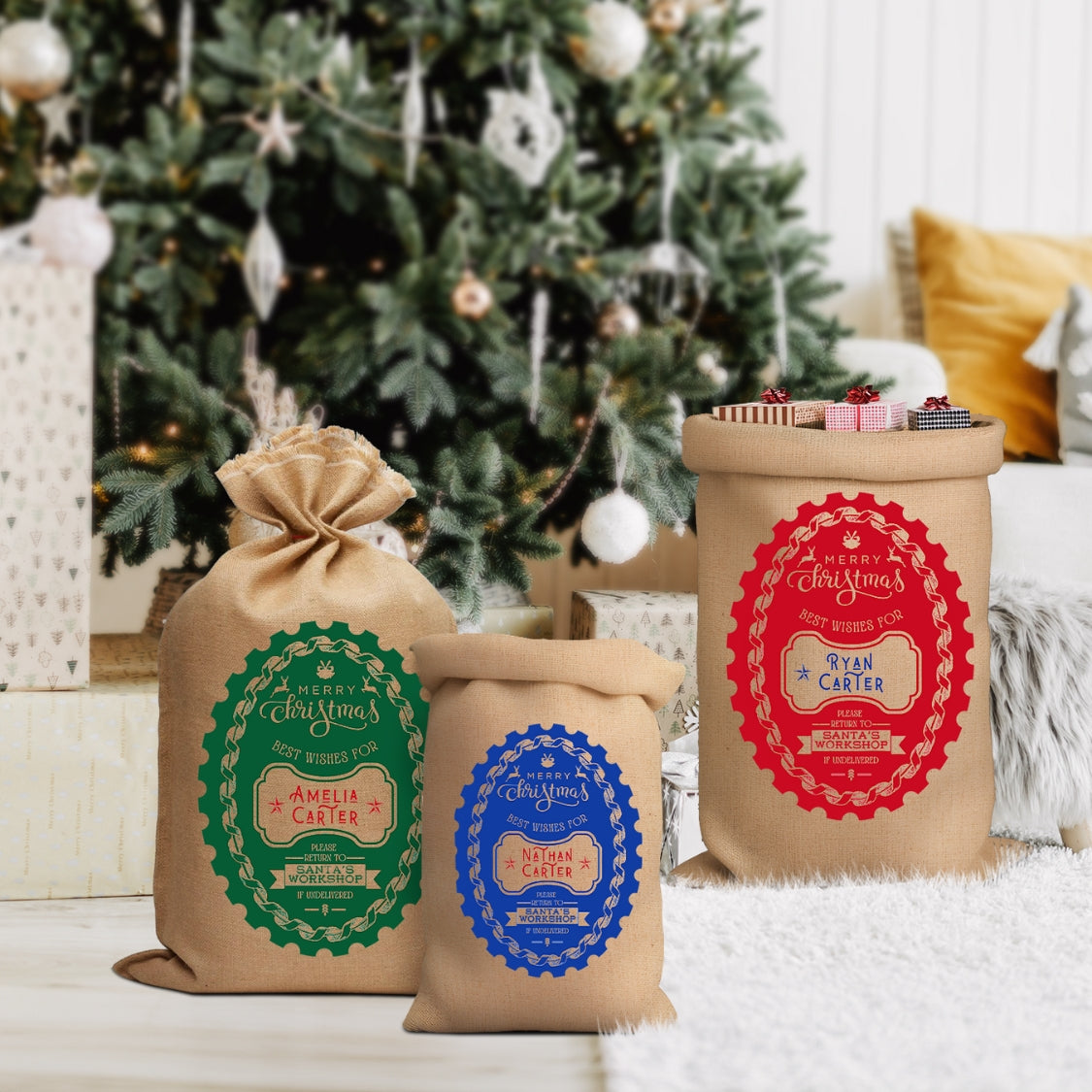 Personalised Merry Christmas Kid &amp; Family North Pole Traditional Sack, Customised Delivery Xmas Stamp Presents Jute Bag, Linen Gift Storage