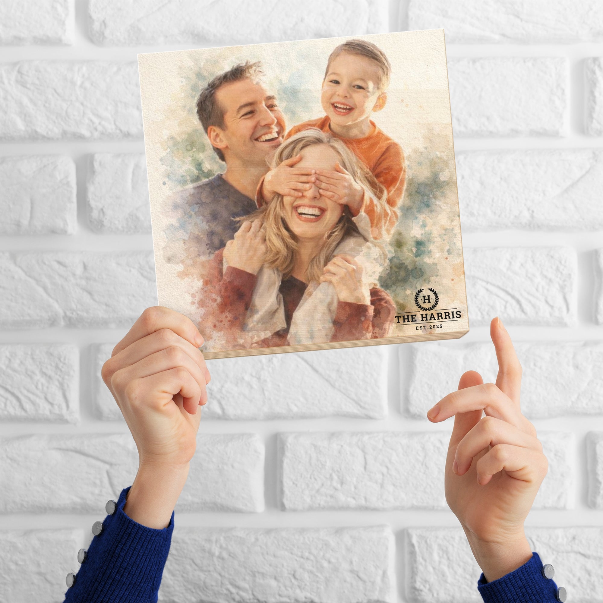Personalised Watercolour Portrait Photo on Square Wooden Display Block