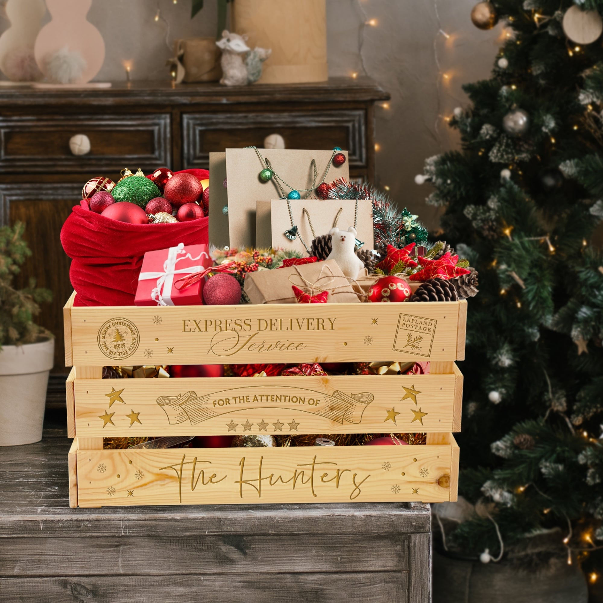 Personalised Christmas Eve Large Wooden Crate, Customised Santa Kid Toy Box Deco First Xmas Present Family Tradition Corporate Gift Storage