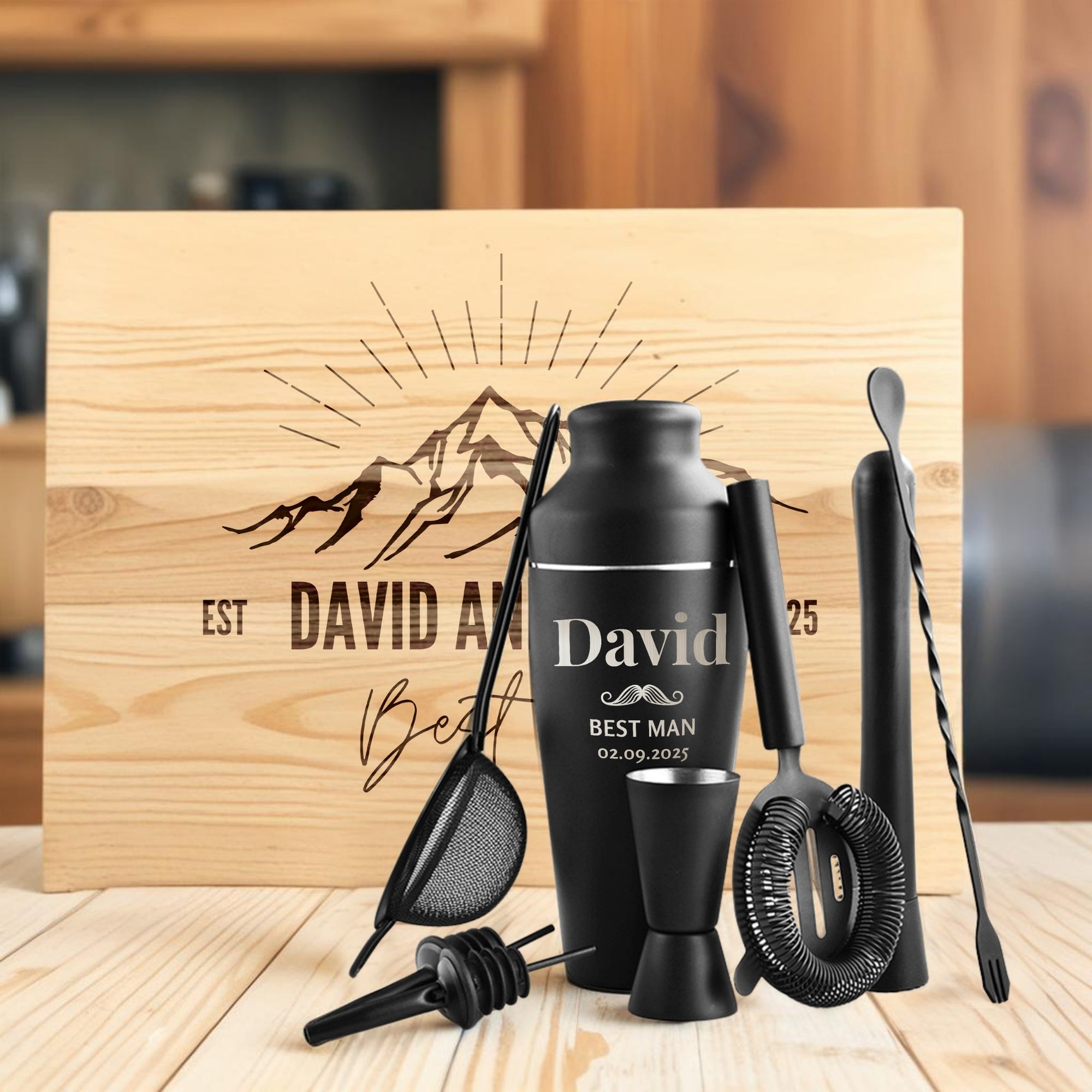 Personalised Cocktail Shaker Set of 9 &amp; Custom Engraved Wooden Box, Dad, Bridesmaid, Groomsman Proposal Wedding, Birthday, Xmas Corporate Gift