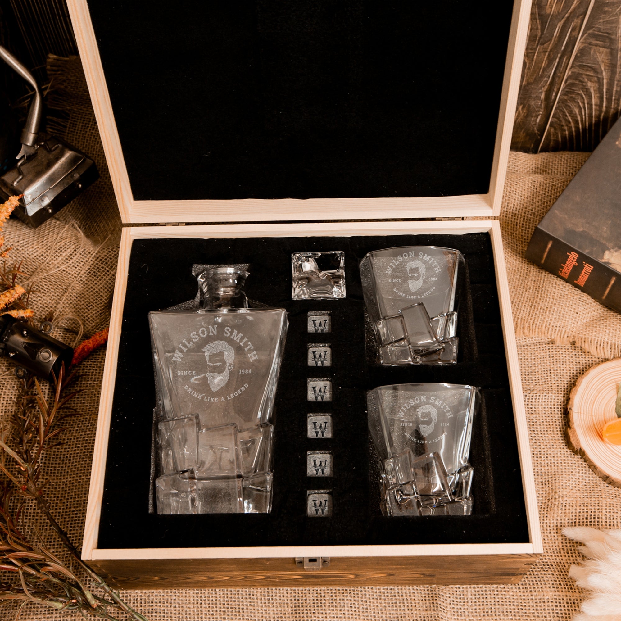 Engraved Whiskey Wooden Box - Square Cut Decanter, 2 Scotch Glasses & 6 Ice Stone Personalised Logo Barware Set, Groomsman Dad Birthday Gift