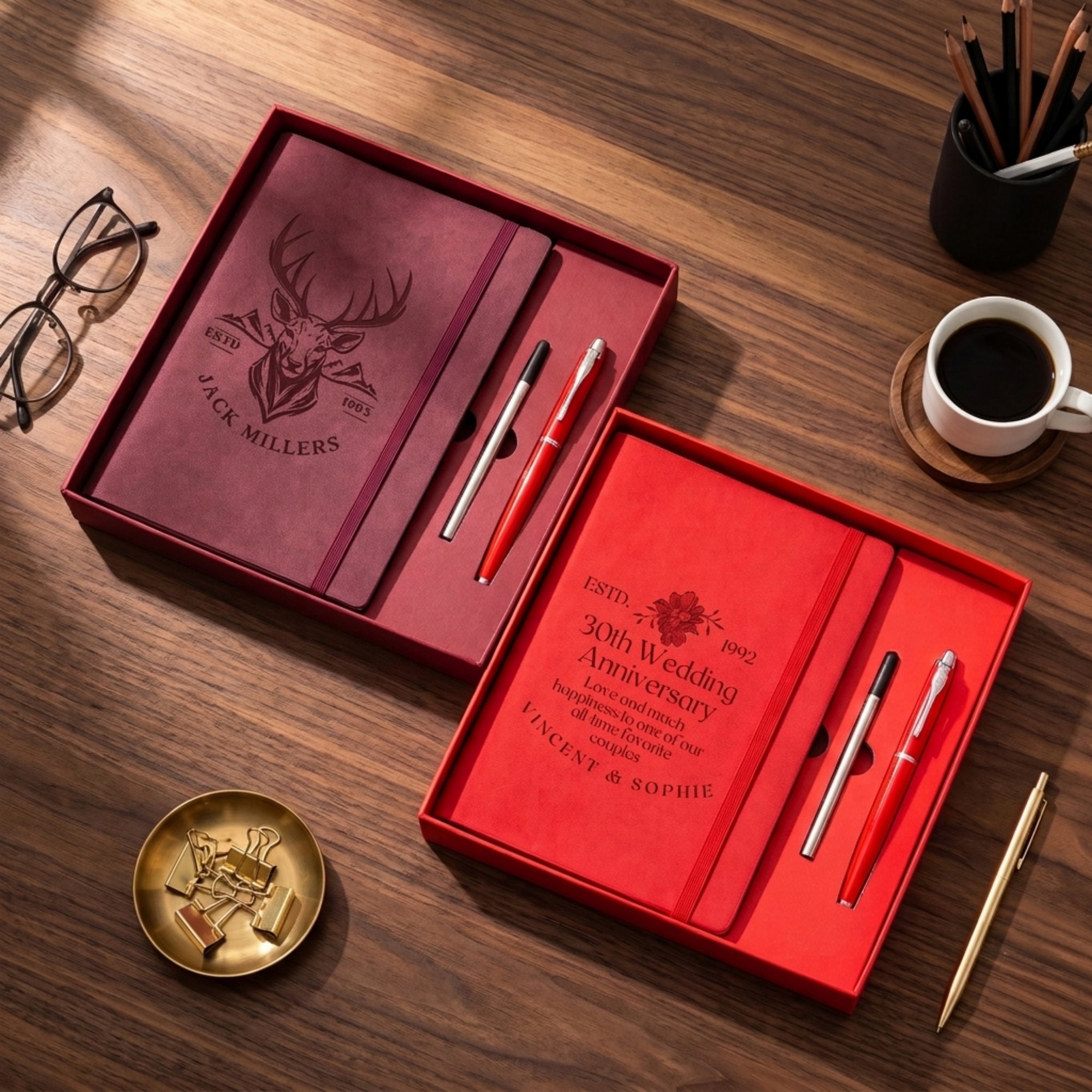 Personalised Engraved Soft Suede A5 Notebook, Pen, Ink Refill &amp; Bookmark Charm Gift Box Set