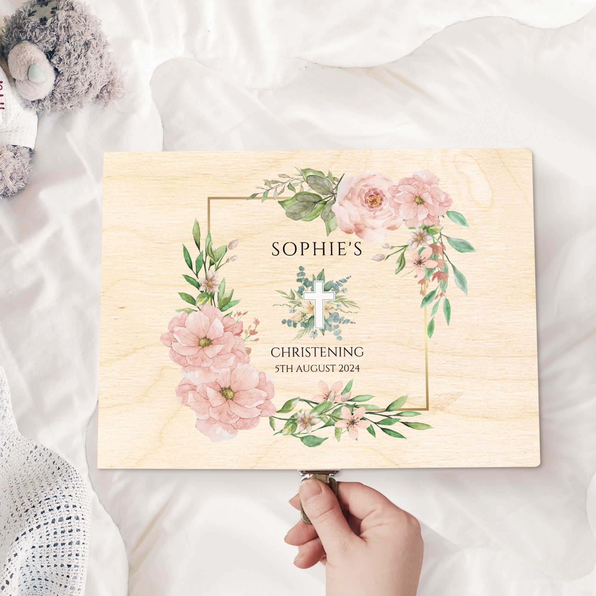 Personalised God Bless Baby Photo Wooden Keepsake Box, Custom Floral Memory Boxes Pine Treasure Storage Baptism Christen First Birthday Gift