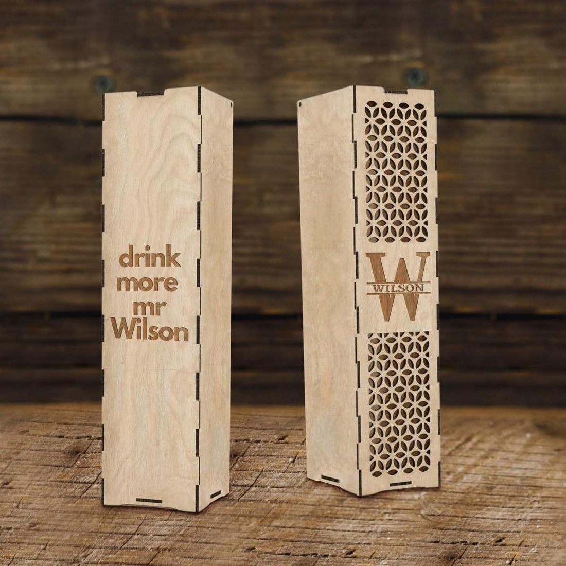 Custom Made Laser Cut & Engraved Wooden Decorative Wine Box, Personalised Plywood/ MDF Name/ Logo Wedding, Birthday, Corporate Wine Bottle Gift Boxes