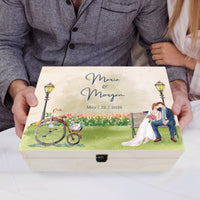 Personalised Watercolour Painting Couple Wedding Wooden Keepsake Box, Custom UV Printed Memory Engagement Treasure Storage, Anniversary Gift