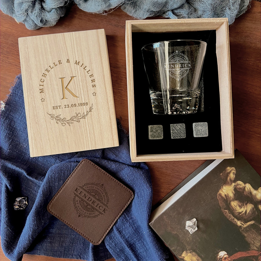 Personalised Wooden Whiskey Gift Box, Rock Mountain Glass, Ice Stones Coaster, Custom Logo Engraved Wedding Barware Set, Dad, Corporate Gift
