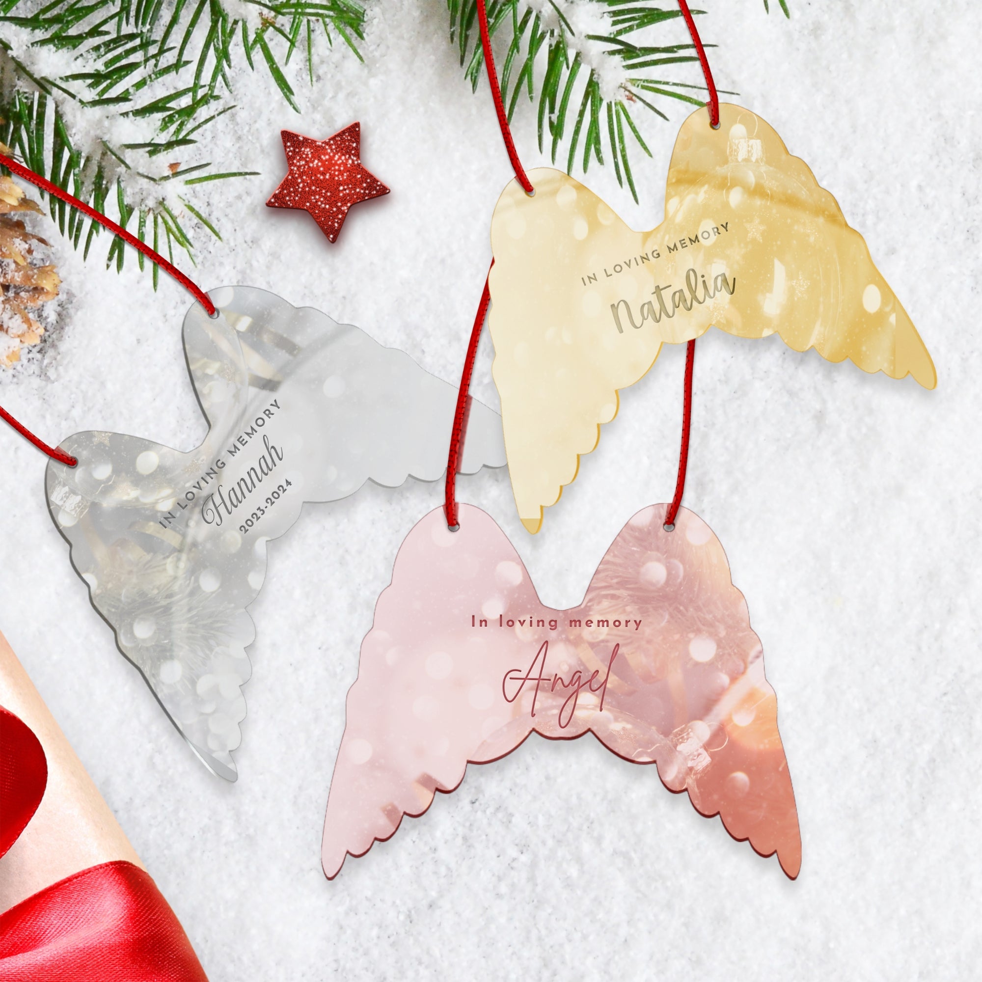 Personalised Remembering Angel Wings Christmas Mirror Acrylic Ornament, Custom Etched Name Forever In Our Heart In Loving Memory Tree Bauble