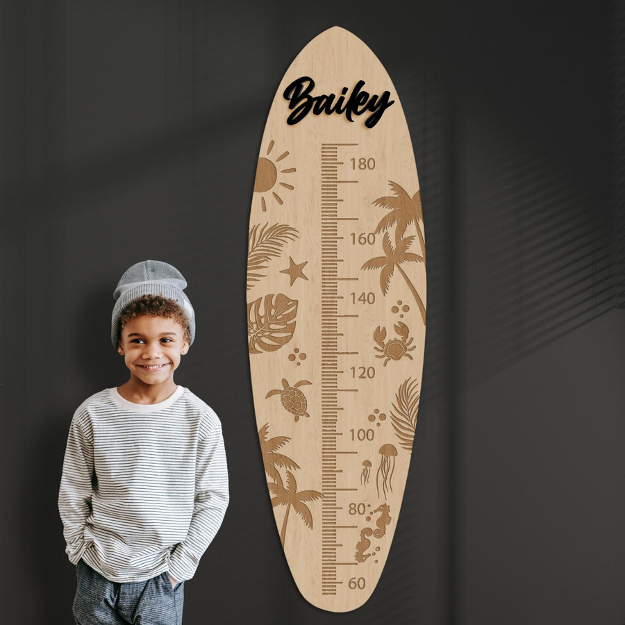 Custom 3D Raised Name Wooden Surfboard Height Chart, Personalised Laser Cut & Engraved Family Growth Metric Ruler Record, Nursery Wall Decor