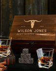 Custom Engraved Whiskey Wooden Box - 2 Square Cut Scotch Glasses & 6 Rock Ice Stones, Personalised Barware Set Graduate Anniversary Dad Gift