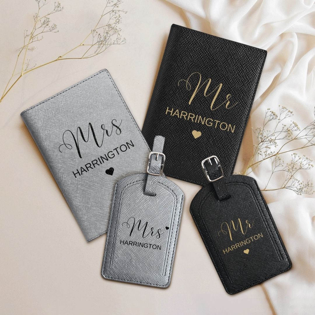 Personalised Leather Passport Cover Holder & Travel Luggage Tag Set, Custom Printed Couple Honeymoon Anniversary, Christmas, Bridesmaid Gift