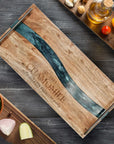 Personalised Acacia Wood & Blue Resin Cheese Handle Tray, Custom Engraved Serving Board, Charcuterie Platter, Decor Housewarming Gift