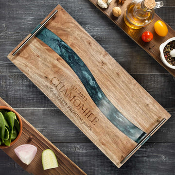 Personalised Acacia Wood & Blue Resin Cheese Handle Tray, Custom Engraved Serving Board, Charcuterie Platter, Decor Housewarming Gift