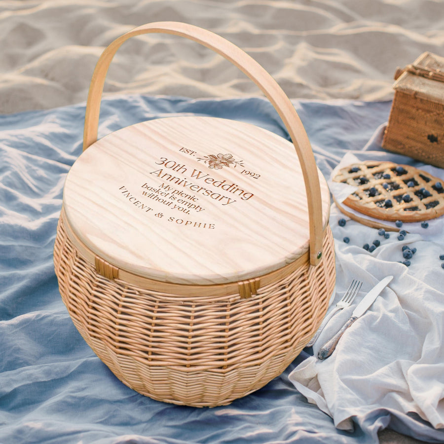 Engraved Picnic Insulated Cooler Carry Wicker Basket, Park, Beach, Garden, Pool, BBQ Travel, Custom Logo Corporate Gift, Housewarming, Wedding Present