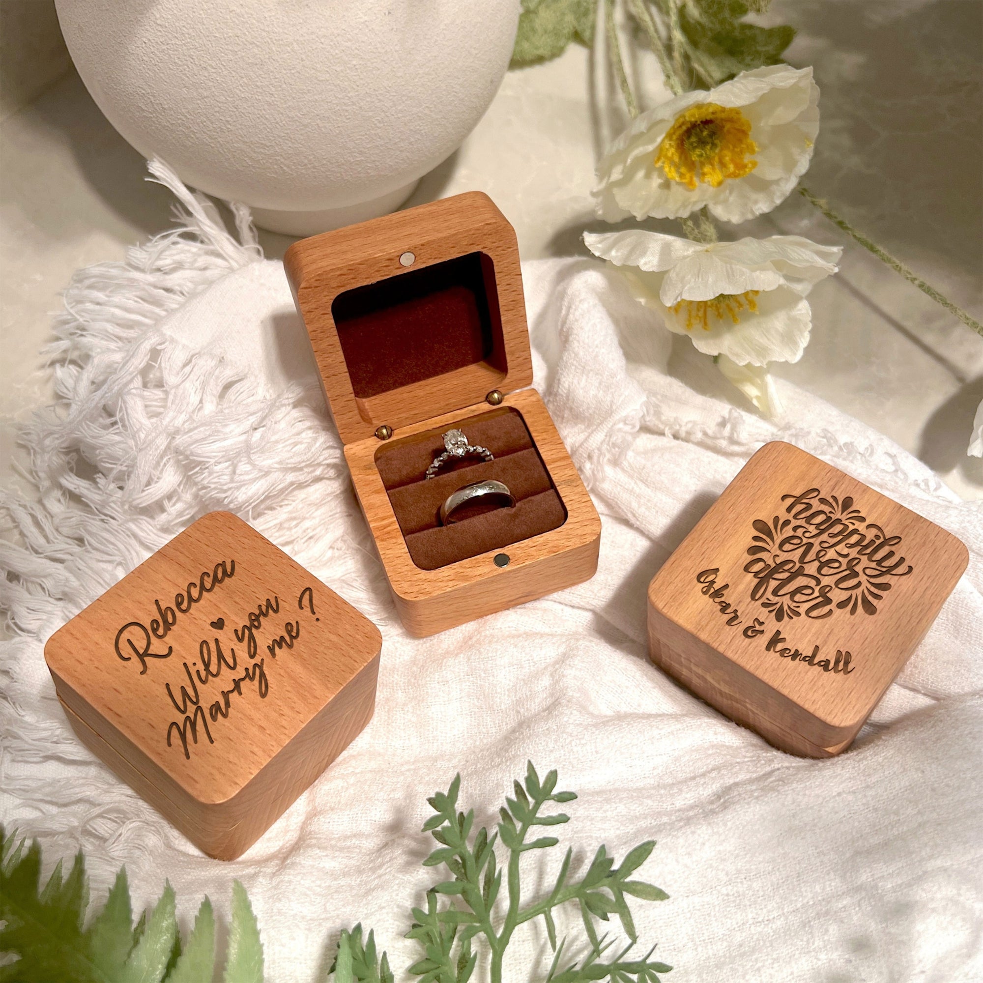 Personalised Wedding Double Slot Square Wood Ring Box, Custom Engraved Engagement Proposal Rings Bearer Oak Holder Storage, Anniversary Gift