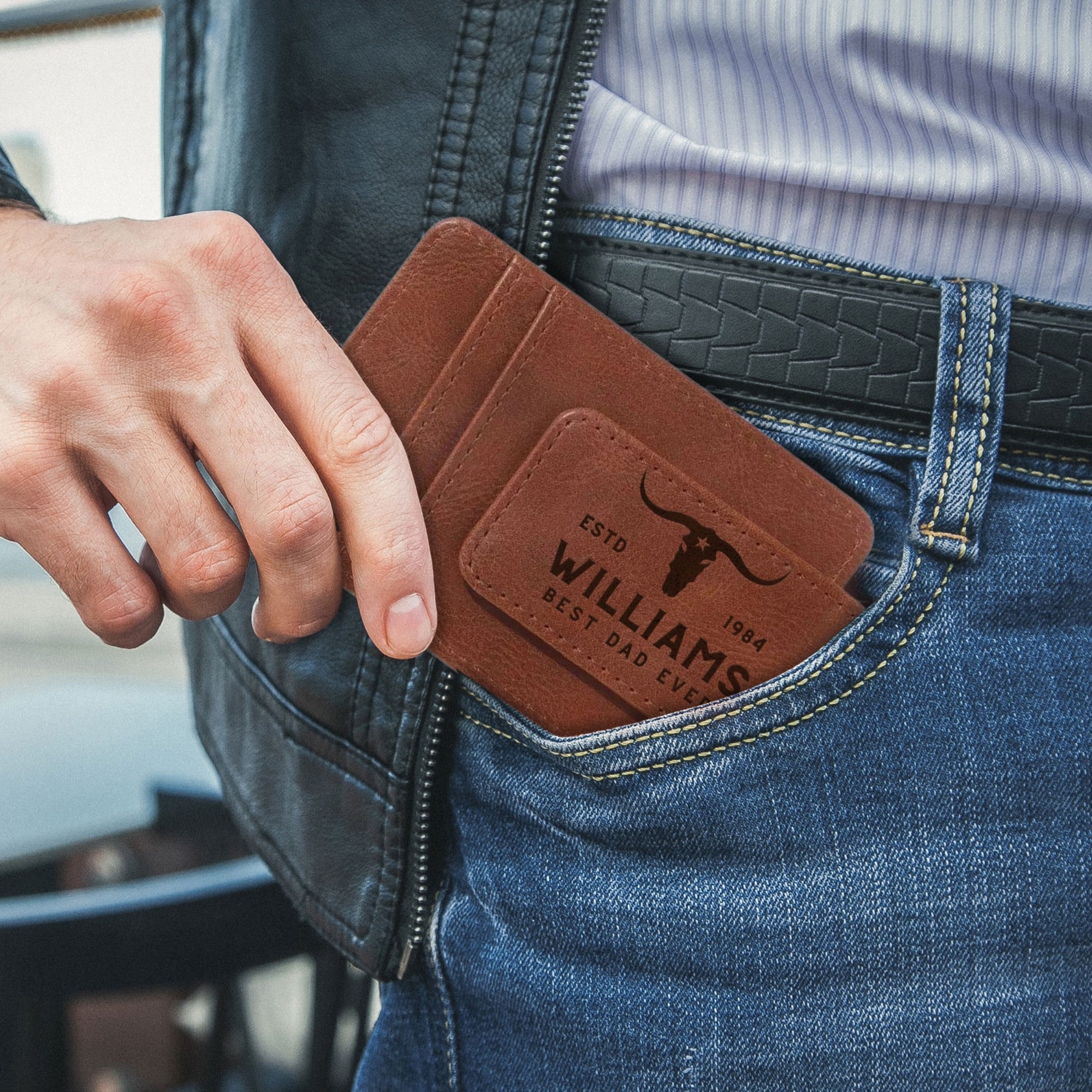 Personalised Genuine Cowhide Leather Magnetic Money Clip Business Card Holder, Custom Engraved Slim Case Organiser Wallet Dad Groomsman Gift