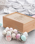 Personalised Wooden Easter Keepsake Box, Engraved Custom Rabbit Bunny Egg Sliding Hamper, First Birthday, Baby Baptism, Christian Gift Box