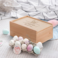Personalised Wooden Easter Keepsake Box, Engraved Custom Rabbit Bunny Egg Sliding Hamper, First Birthday, Baby Baptism, Christian Gift Box