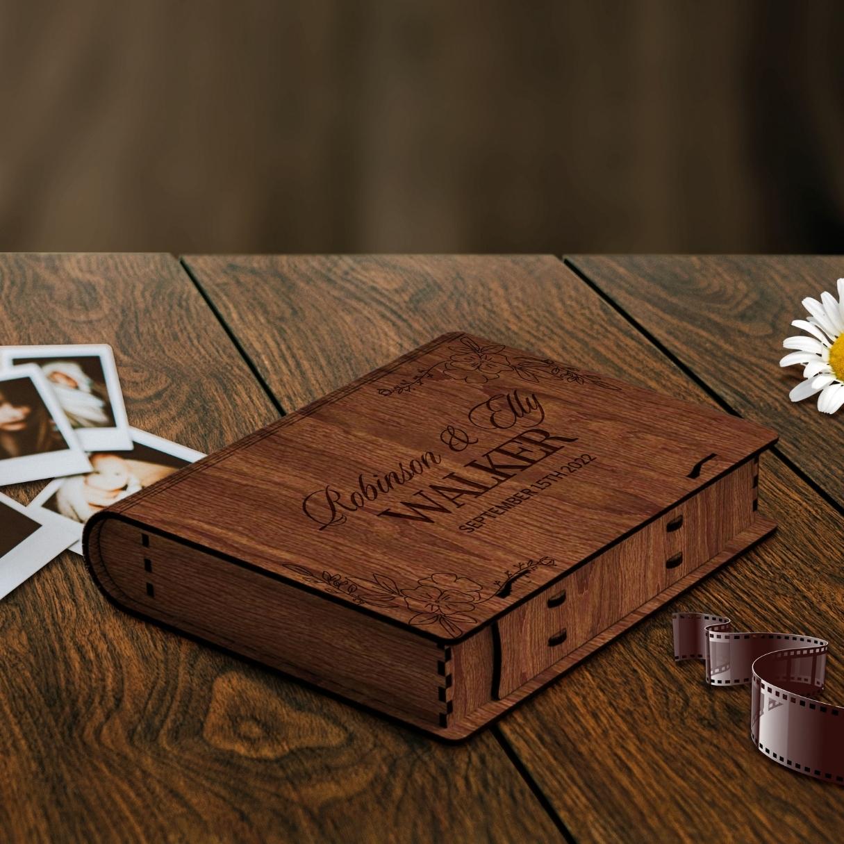 Custom Engraved Wedding Photo Storage Wooden Book Box, Personalised ...