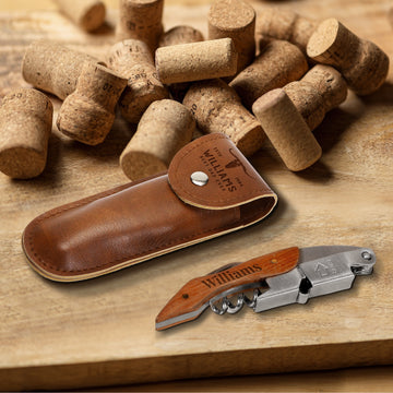 Personalised Wooden Handle Corkscrew & Leather Pouch Wine Set, Bottle Opener, Custom Logo Knife Foil Cutter, Corporate/ Groomsmen/ Dad Gift