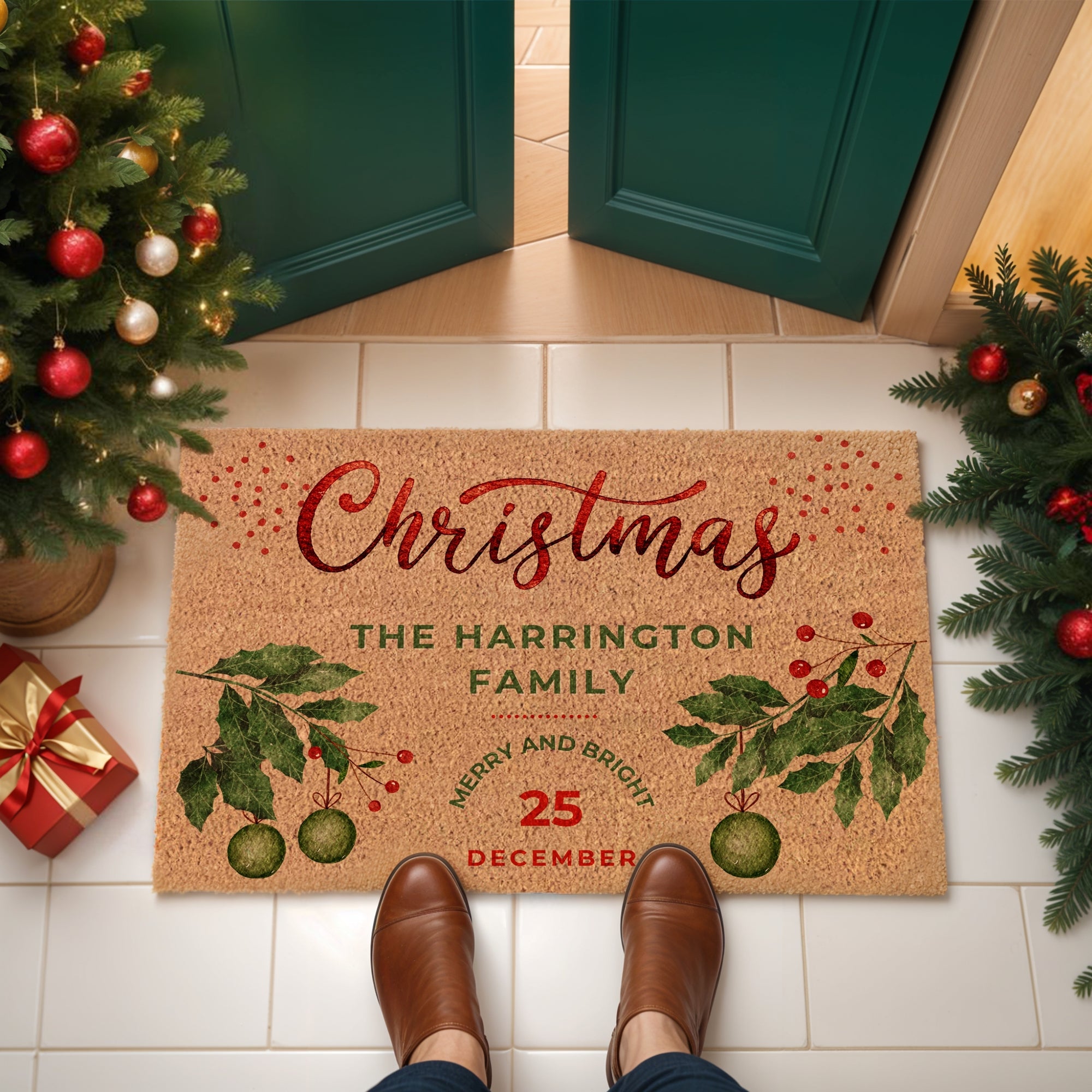 Personalised Christmas Family Name Coir Doormat, Customised  Printed Property Entry Welcome Outdoor Indoor Mat, Xmas Decor Housewarming Gift