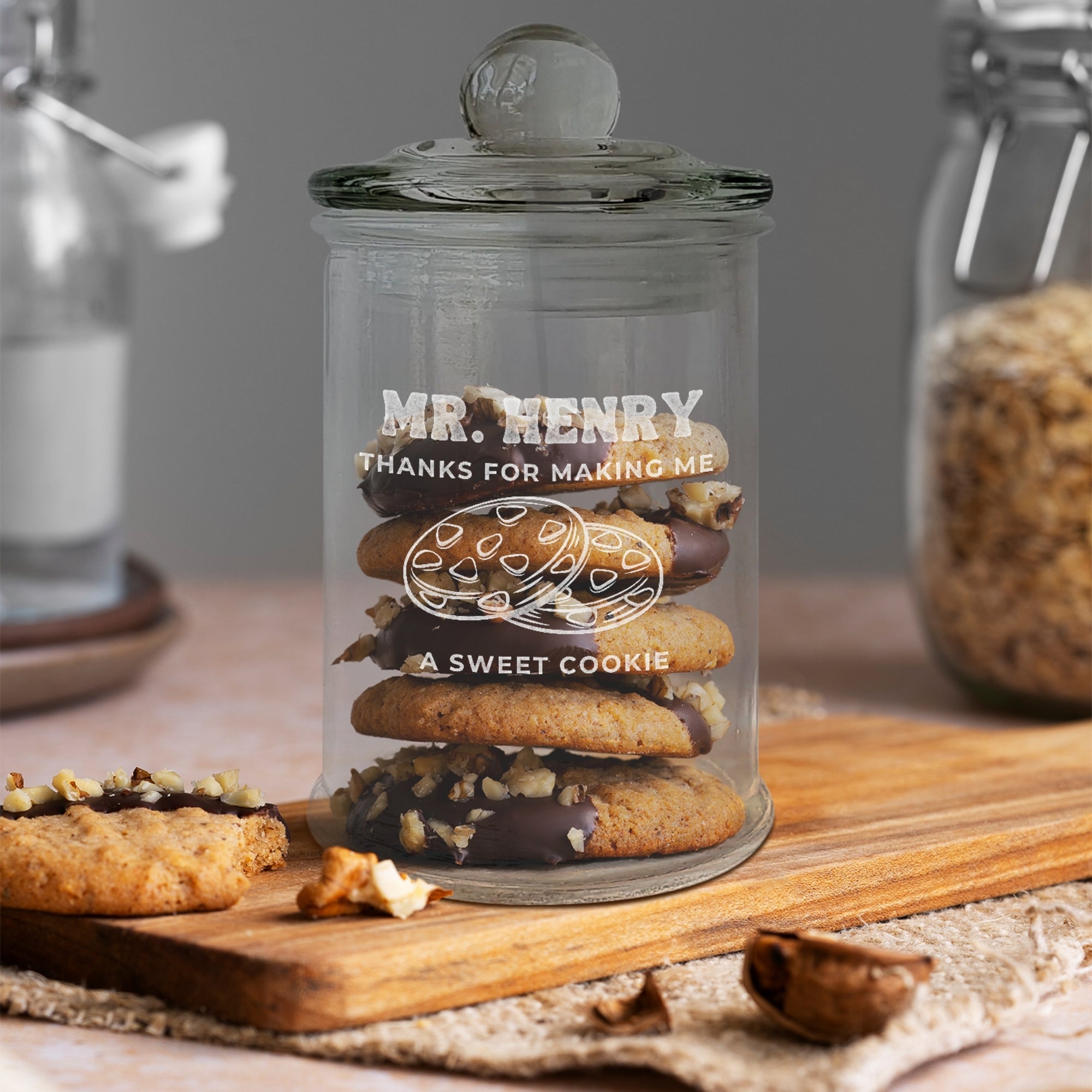 Personalised Vintage Glass Jar &amp; Knob Lid, Custom Engraved Antique Treat, Snack Glass Storage, Cookie Lolly Canister, Teacher, Mom Xmas Gift