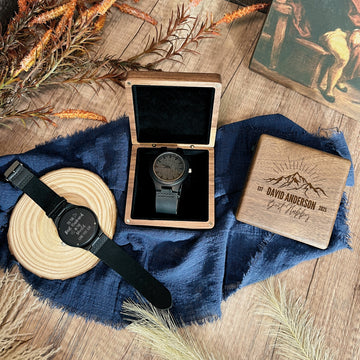 Personalised Wooden Watch & Walnut Box Set, Custom Engraved Men Accessories/ Jewellery Storage, Groomsman/ Dad/ Birthday Gift Wedding Favour