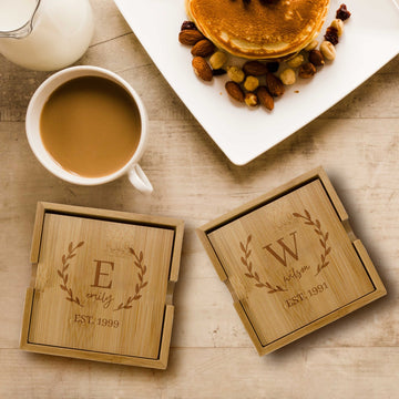 Personalised Set of 4 Bamboo Coasters, Custom Engraved Logo Drink Mat Teacher/ Wedding/ Anniversary / Housewarming/ Birthday/ Corporate Gift