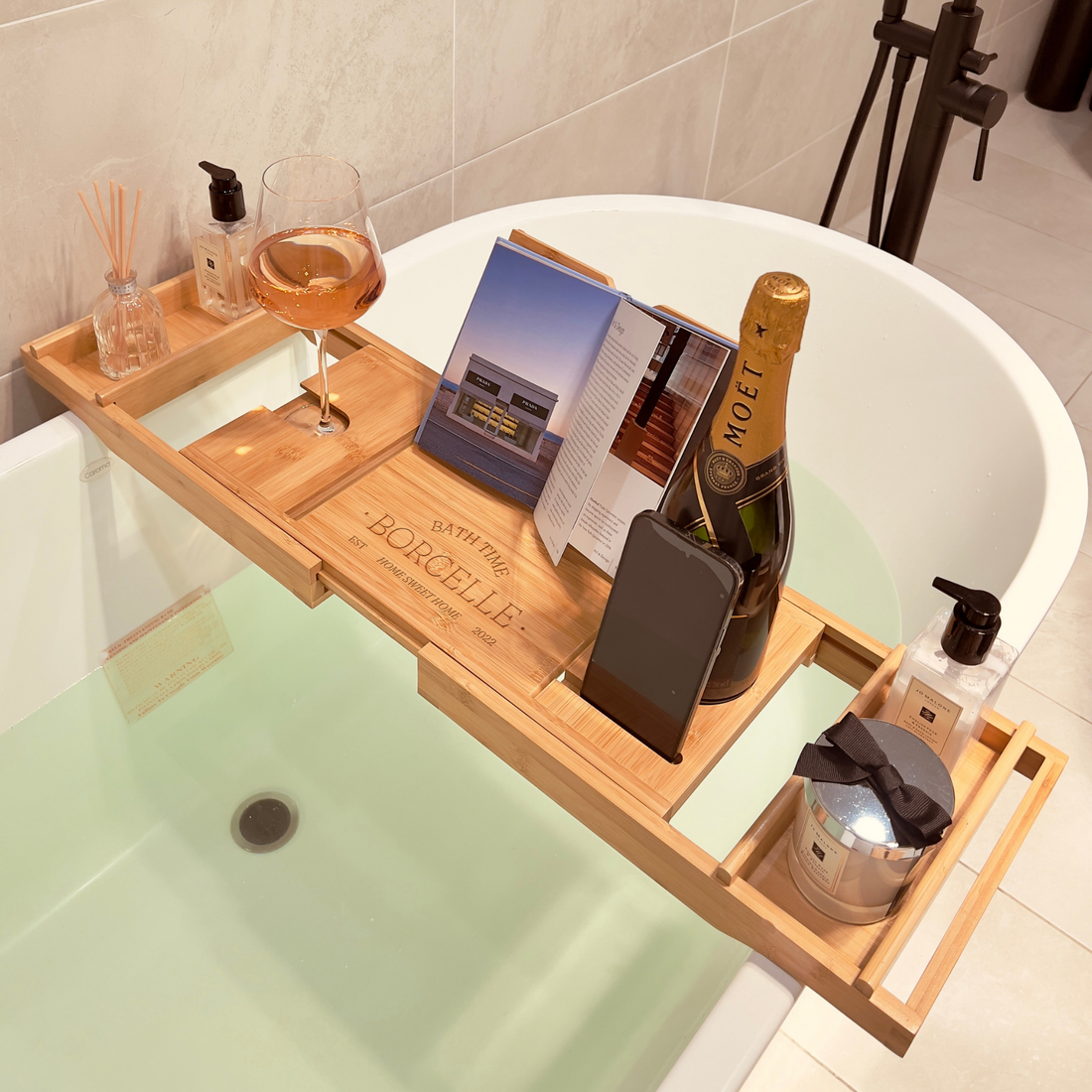 Personalised Bamboo Extendable Bath Caddy Tray, Engraved Adjustable Bathtub Storage Organiser Rack, Wine Glass Phone Tablet Ipad Book Holder