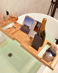 Personalised Bamboo Extendable Bath Caddy Tray, Engraved Adjustable Bathtub Storage Organiser Rack, Wine Glass Phone Tablet Ipad Book Holder