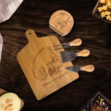 Personalised Wooden Paddle Chopping Board & 4 Piece Cheese Knife Set Customised Serving Tray Engraved Charcuterie Platter, Housewarming Gift