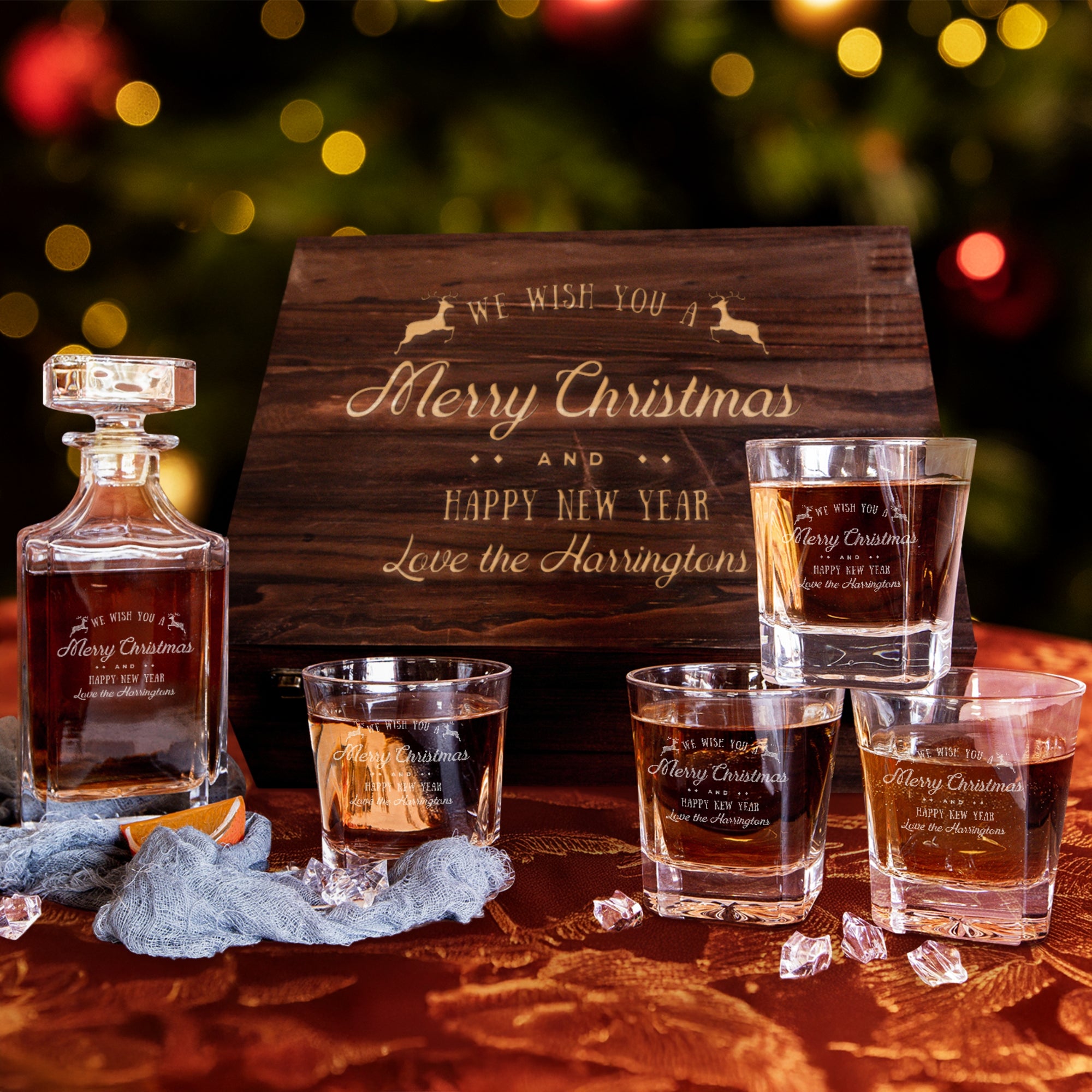 Engraved Christmas Wooden Boxed Whiskey Decanter Set &amp; 4  Scotch Glasses, Personalised Custom Vintage Xmas Whisky Barware Birthday Gift Dad/ Him