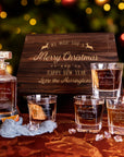 Engraved Christmas Wooden Boxed Whiskey Decanter Set & 4  Scotch Glasses, Personalised Custom Vintage Xmas Whisky Barware Birthday Gift Dad/ Him