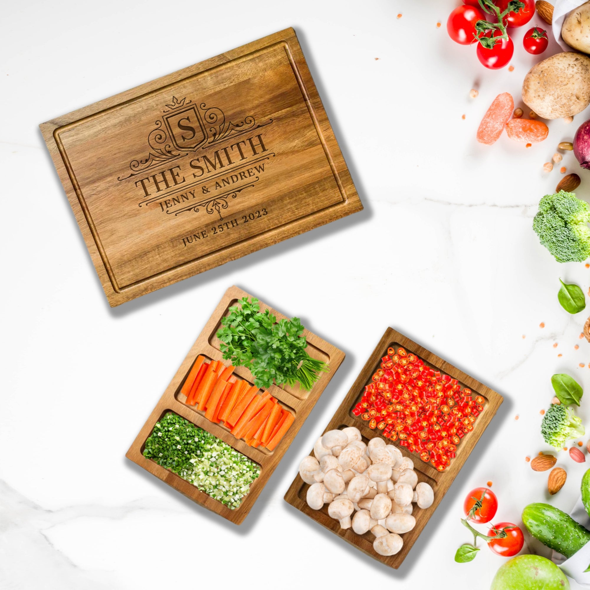 Personalised Acacia Wooden Magnetic Chopping Board &amp; Trays, Custom Engraved Cheese Charcuterie Serving Platter, Housewarming, Corporate Gift