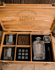 Personalised Army Wood Crate Whiskey Box, Whisky Decanter, 2 Glasses, 6 Ice Stones, 2 Coasters, Tongs, Etched Barware Groomsman Dad Gift Set