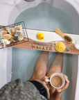 Personalised Acacia Wooden & White Marble Resin Bath Caddy, Engraved Bathtub Storage Organiser Rack, Multi Purpose Tray, Housewarming Gift