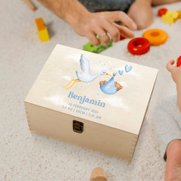 Personalised New Born Baby Wooden Keepsake Box, Custom UV Printed Engraved Pine Memory Boxes, Treasure Storage, Nursery, First Birthday Gift