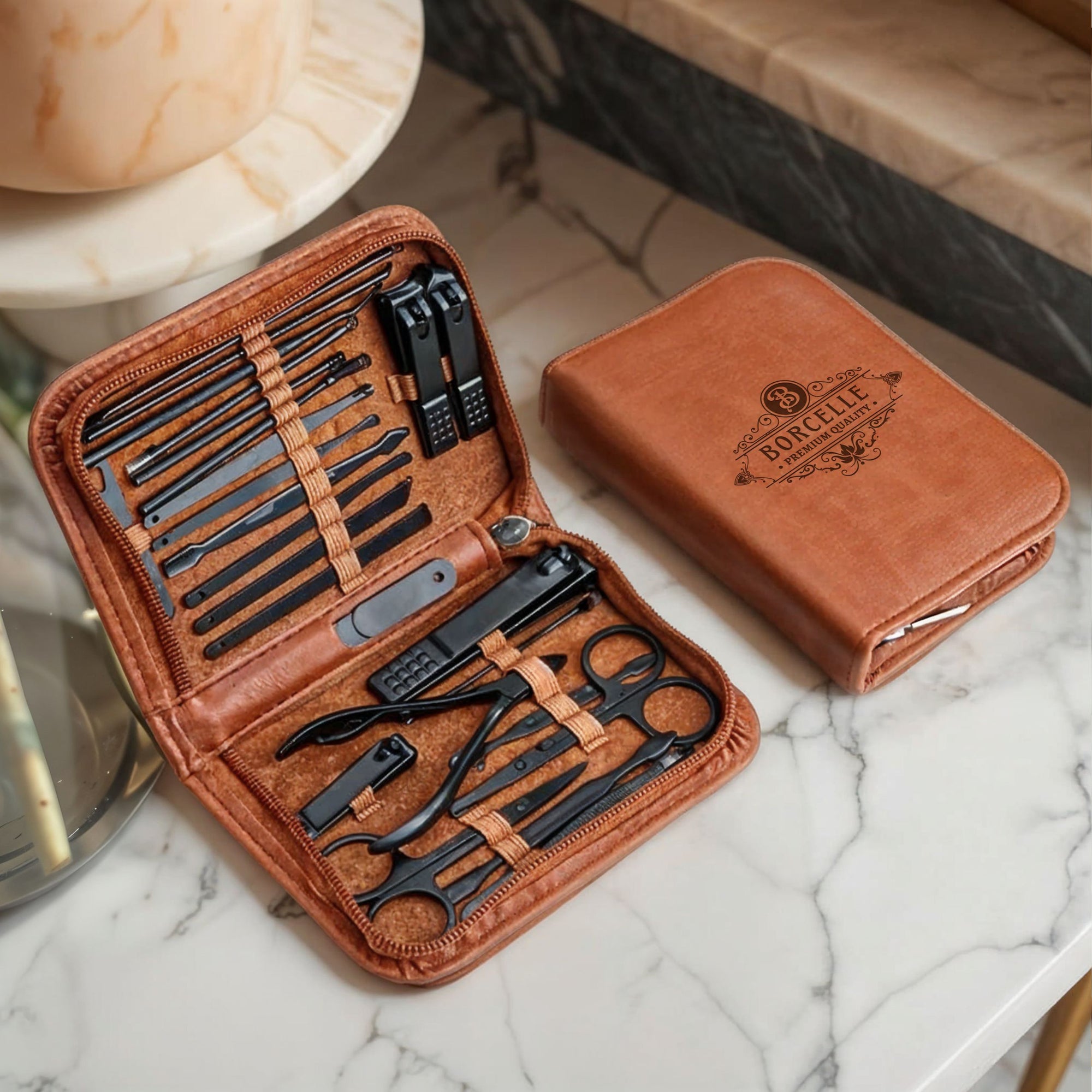 Personalised Leatherette Unisex Travel Manicure &amp; Pedicure Kit, Custom Engraved Portable Grooming 26 Pieces Set Bag, Personal Tools Storage Case, Wedding Favour, Groomsman Bridesmaid Gift