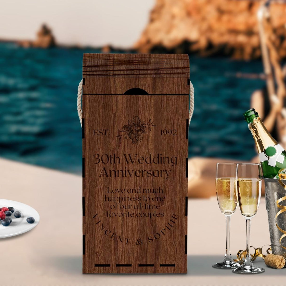 Custom Made Laser Cut & Engraved Carry Rope Handle Double Wooden Wine Box, Personalised Plywood/ MDF Name/ Logo Wedding, Birthday, Corporate Wine Bottle Gift Boxes