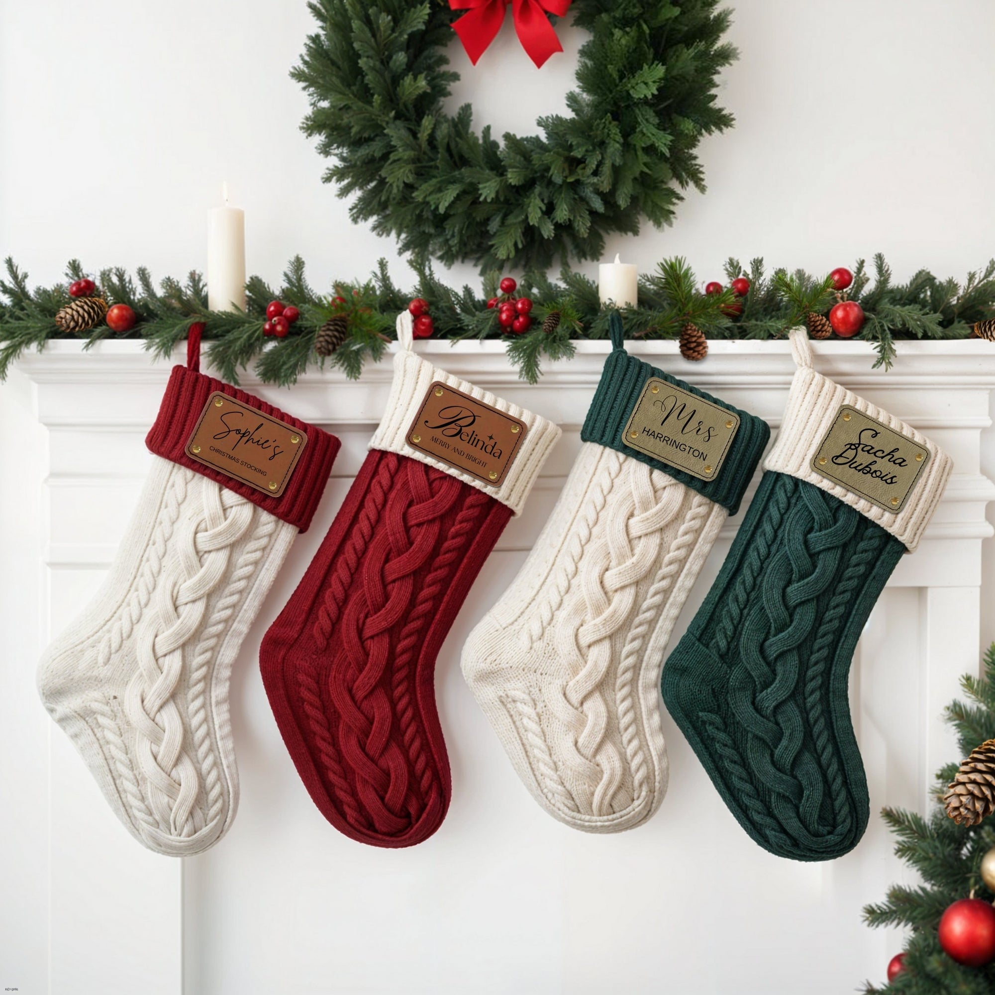 Personalised Knitted Christmas Stocking Custom Etched Leather Patch Merry Xmas Present Sock Family Santa North Pole Holiday Kid Gift Storage