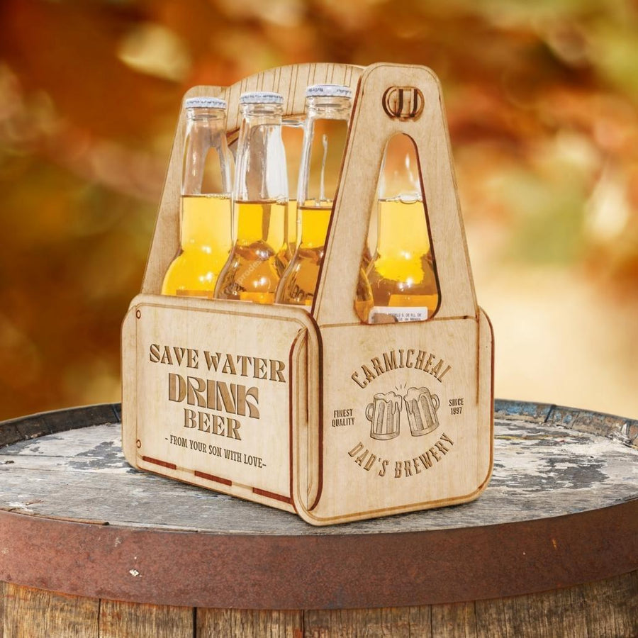 Custom Made Laser Cut & Engraved Wooden 6 Pack Beer Carrier, Personalised Wooden Name/ Logo Bottle Caddy Box, Father's Day, Groomsmen Gift for Him